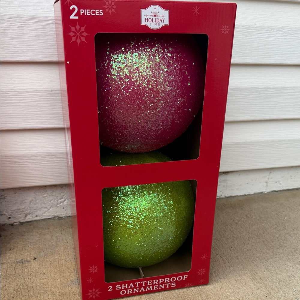 Holiday Time Jumbo Glittery Pink and Green Ornaments - NWT